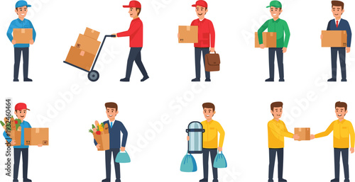 Delivery and Courier Service Workers Collection with Parcel Handling, Grocery Transport and Customer Handover in Flat Vector Illustration