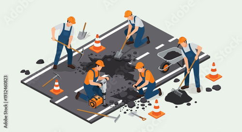 Wallpaper Mural Construction workers repairing a road with tools and equipment in an isometric view Torontodigital.ca