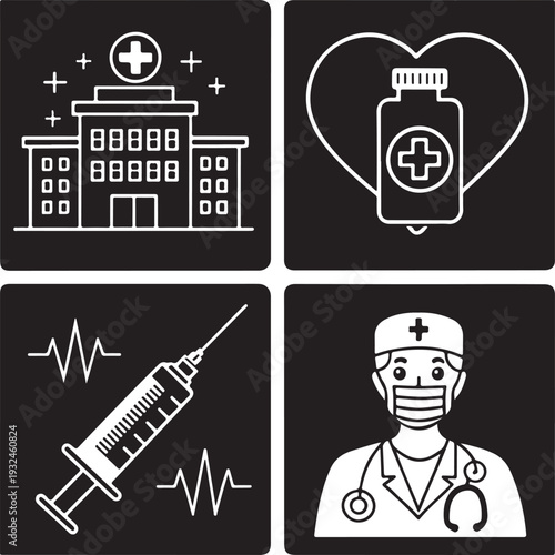 Medical Line Icons Set, Healthcare Outline Symbols Collection with Hospital, Doctor, Syringe and ECG Vector Illustration