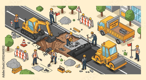 Isometric illustration of road construction with heavy machinery and workers on a city street