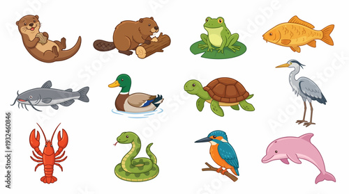 Cartoon animals in a freshwater river scene, featuring various species in a playful illustration set