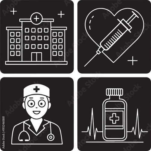 Medical Line Icons Set, Healthcare Outline Symbols Collection with Hospital, Doctor, Syringe and ECG Vector Illustration
