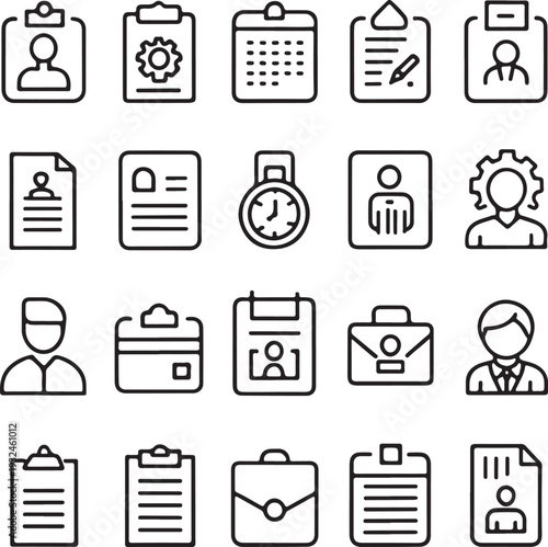 Business Workflow and HR Line Icon Set - Minimal Outline Icons for Employee, Documents, Tasks and Office Management