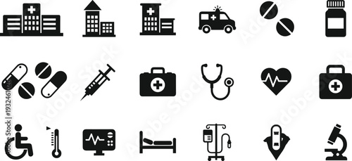 Medical and Healthcare Silhouette Icon Set with Hospital Ambulance Syringe Pills Stethoscope Heart Monitor and Emergency Symbols Vector Illustration