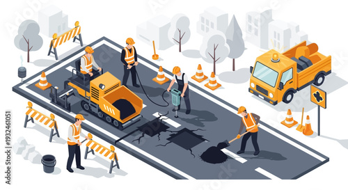 Road Construction and Repair with Workers and Equipment in Isometric View