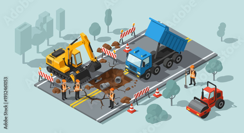 Road repair construction with heavy machinery and workers