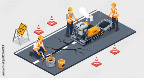 Road repair and maintenance with asphalt and heavy machinery