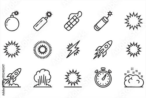 Explosion and Bomb Line Icons with Rocket Launch Symbols