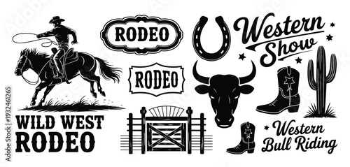 Vintage Wild West rodeo graphics set featuring western show icons with lasso cowboy silhouette and rustic design pack for retro event posters and flat vector.