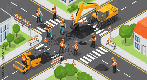 Road construction and repair with heavy machinery and workers in a city setting