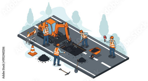 Road Construction and Repair Workers with Excavator and Tools on a Street