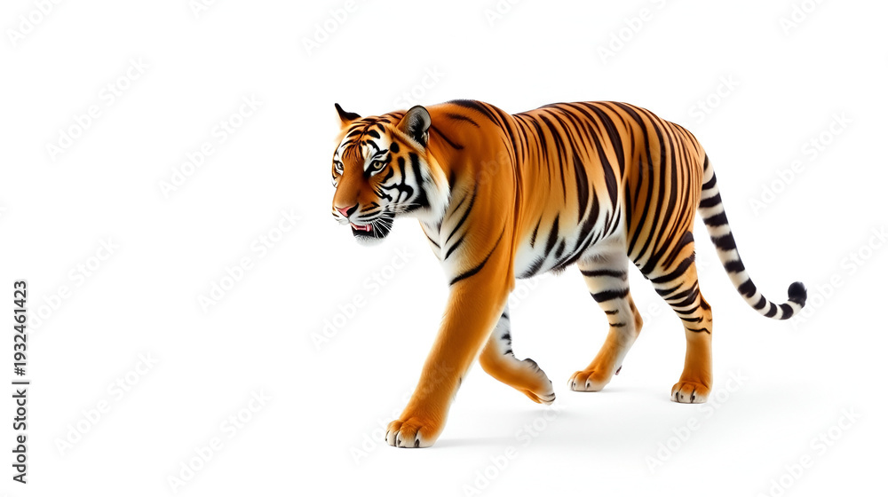 Obraz premium A tiger walking with determination, its long, powerful strides contrasted against a clean white background, highlighting its grace