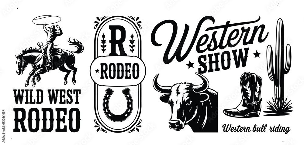 Obraz premium Vintage Wild West rodeo graphics set featuring western show icons with lasso cowboy silhouette and rustic design pack for retro event posters and flat vector.