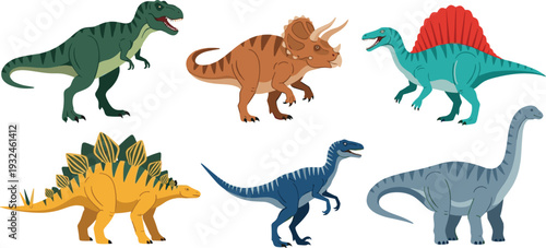 Detailed Colorful Dinosaur Vector Collection Featuring T-Rex Triceratops and Spinosaurus for Childrens Education Books Prehistoric World Graphics and Science Museum Themed Projects