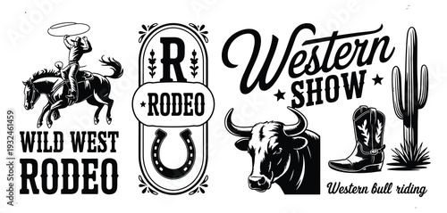 Vintage Wild West rodeo graphics set featuring western show icons with lasso cowboy silhouette and rustic design pack for retro event posters and flat vector.