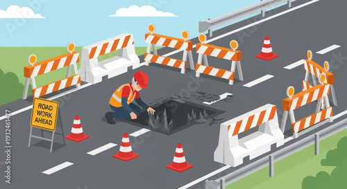 Road worker fixing a pothole with safety barriers and cones on a highway