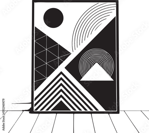 Modern Abstract Geometric Wall Art Poster in Black and White, Minimal Scandinavian Style Line Shapes Design