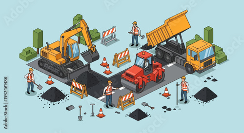 Construction workers operating heavy machinery for road repair and development projects