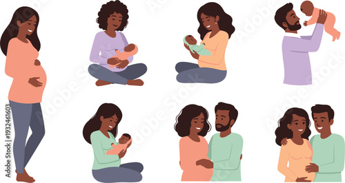 Diverse Pregnant Women and Happy Couples with Newborns for Maternity Clothing Branding, Prenatal Care Advertising, Family Planning Services, and Inclusive Parenting Content