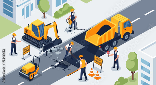 Construction workers repairing a road with heavy machinery and asphalt