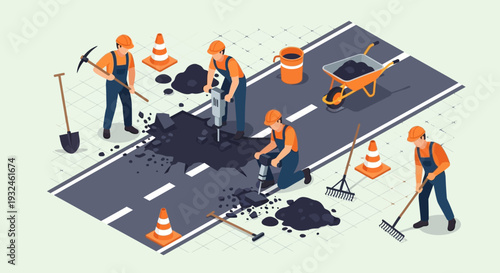 Road Construction Workers Repairing Asphalt Pavement with Jackhammers and Shovels