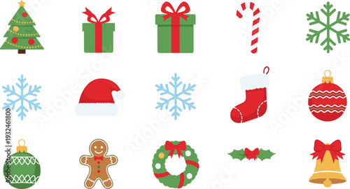 Christmas Holiday Icon Set with Tree Gift Snowflake Santa Hat Wreath Candy Cane and Festive Decorations Vector Illustration