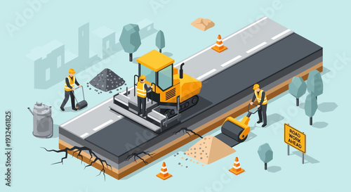 Road construction, paving a new asphalt highway, highway construction and repair work