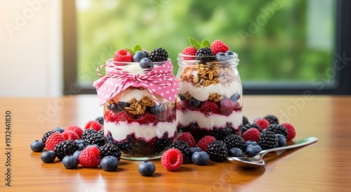 Two Jars of Layered Berry Yogurt Parfait with Granola and Fresh Berries, Served Outdoors
