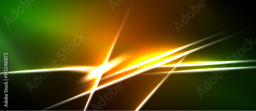 Abstract energy lines intersect. Bright glow emanates from central point, gradients shift between green, orange, black. Dynamic visual effect.