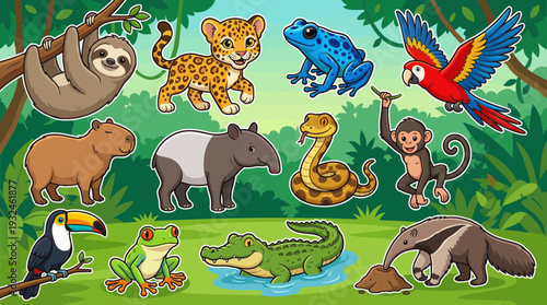 Vibrant rainforest animals cartoon collection featuring monkeys, parrots, jaguars, sloths, and crocodiles in a lush green environment from a bird's eye view.