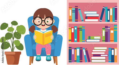 Cute Girl Reading Book in Armchair next to Bookshelf and Houseplant, Home Library and Literacy Concept Vector Illustration