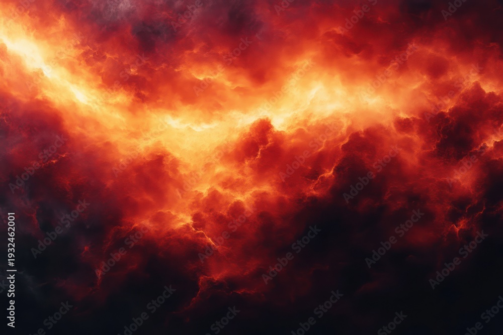 Fototapeta premium fiery red-orange glowing storm clouds with dark lower clouds, dramatic ominous atmosphere and intense heat-like illumination