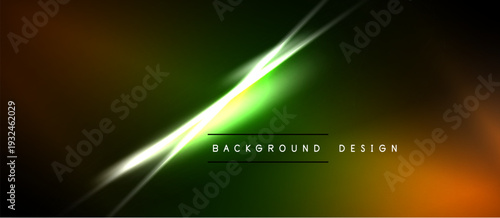 Abstract background features vibrant green, orange gradients. Diagonal light streak adds dynamic visual element. Dark edges frame composition.