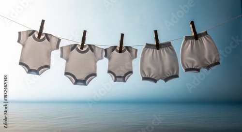 Various baby clothes hanging on a clothesline with clothespins, drying outdoors against a blue sky and ocean backdrop