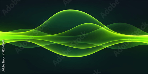 Abstract green smoke and waves flow in a smooth motion pattern to create a digital art backdrop with light effects and energy lines