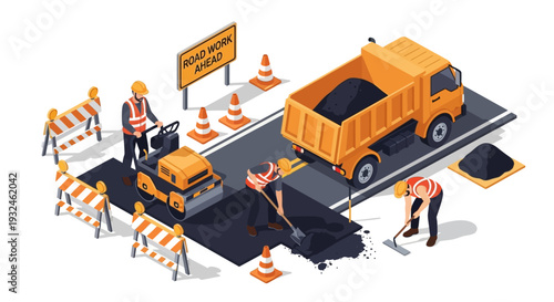 Road construction and maintenance with heavy machinery, workers, and safety equipment