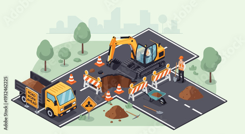 Road construction and maintenance with heavy machinery and safety equipment