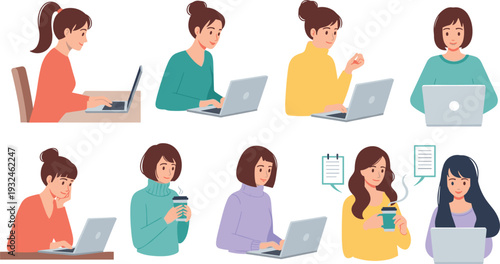 Flat Vector Illustration Set of Young Women Working on Laptops Studying and Drinking Coffee for Freelance Remote Work Education and Digital Nomad Lifestyle Concepts