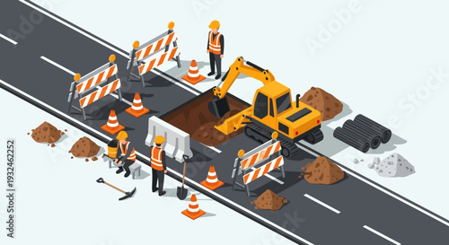 Road construction scene with excavator, workers, and safety barriers