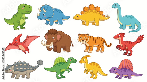 Illustration of a, cartoon, dinosaur, set, collection in various colors and poses, showcasing different species