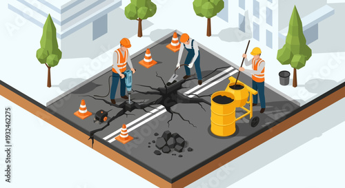 Road repair isometric illustration with workers fixing a large crack using jackhammer and asphalt mixer