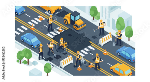 Road construction and repair workers fixing a pothole on a city street with vehicles and traffic cones