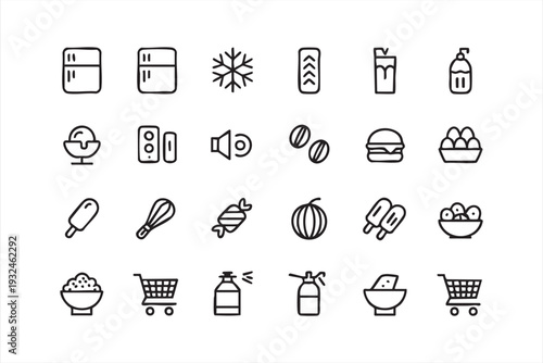 Black Outline Food Icon Set with Grocery and Household Symbols