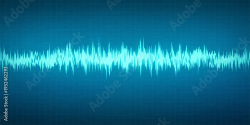 Abstract blue and green medical heart rate monitor graph displaying a digital electrocardiogram sound wave pulse for healthcare and audio technology
