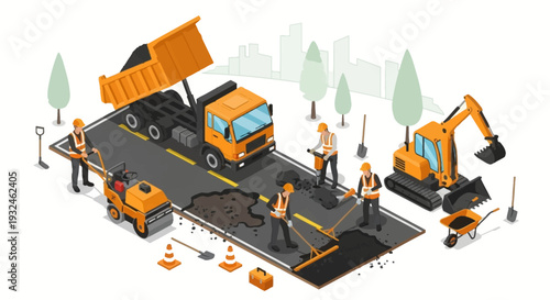 Road construction and repair isometric illustration with heavy machinery and workers
