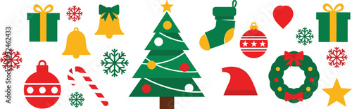 Christmas Decoration Collection with Tree Ornaments Wreath Gift Boxes Snowflakes and Festive Holiday Symbols Vector Illustration Set