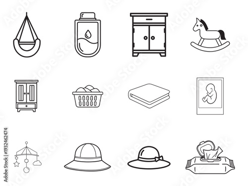 A complete set of baby product line icons including feeding accessories, toys, hygiene items, baby food, grooming tools, nursery items, and essential newborn equipment. Suitable for packaging, editori