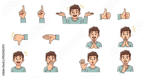 Diverse expressions and hand gestures of a young man, showcasing various emotions and actions.