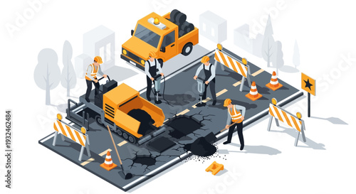 Construction workers repairing a damaged road with heavy machinery and traffic cones