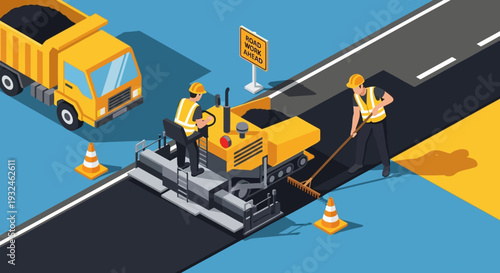 Road construction with asphalt paver and dump truck, construction workers paving a new asphalt road